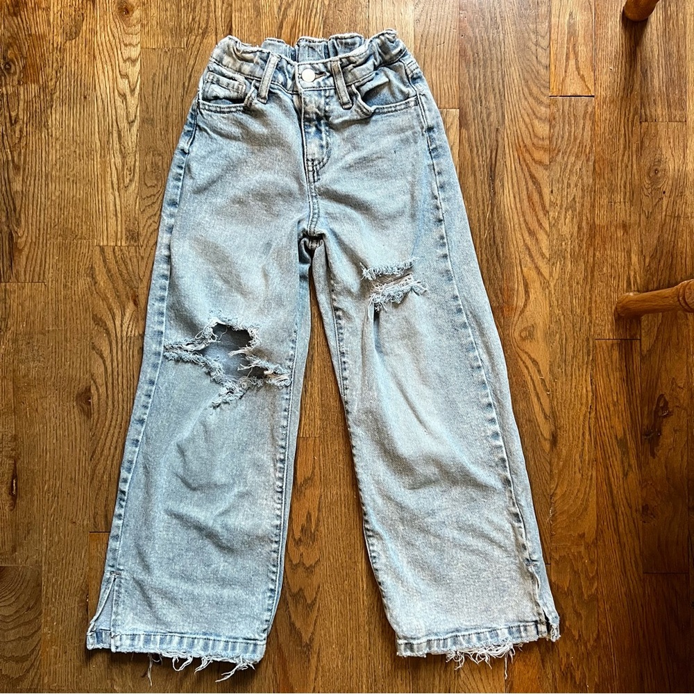 Distressed Light Wash Kids Jeans Adjustable Waist Girls Size 8 High Waisted